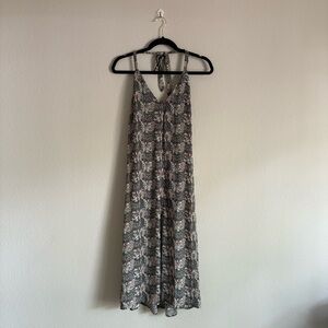 Line + dot floral print halter low back midi dress